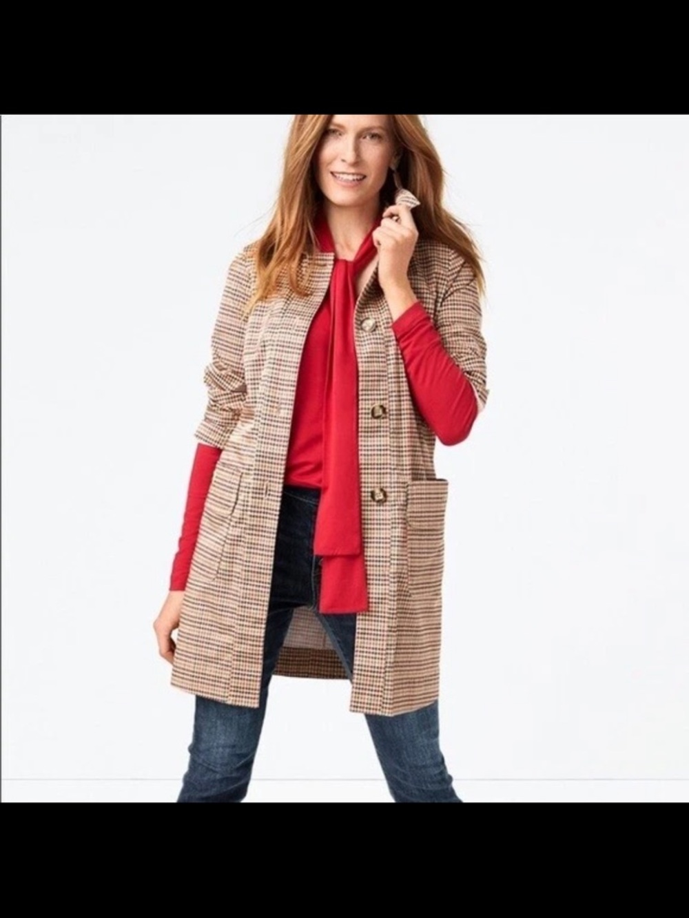 CAbi Tan Houndstooth Mid-Length Coatigan